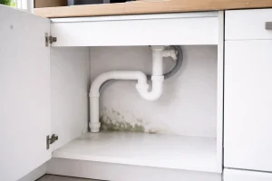 Légère moisissure derrière un meuble de cuisine contre un mur extérieur