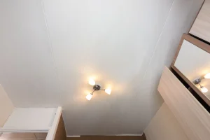 Plafond blanc avec fissure visible autour d’un plafonnier, défaut accentué par la lumière