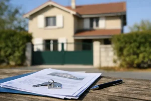 Maison fermée avec documents de vente et clés au premier plan illustrant une vente de maison bloquée après séparation ou divorce