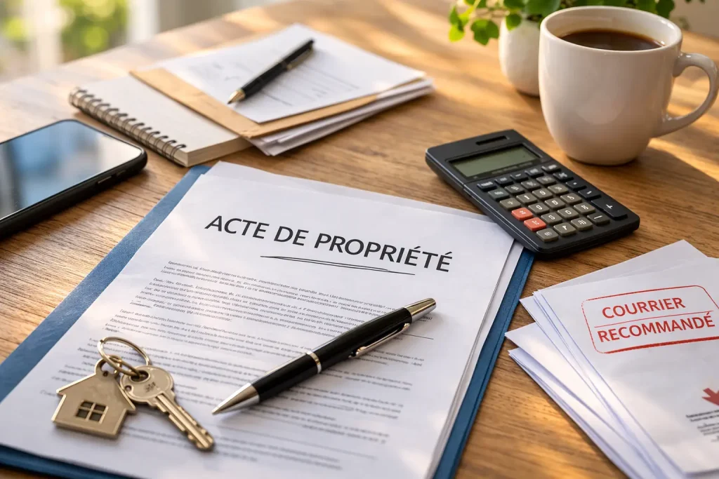 Acte de propriété, calculatrice, courrier recommandé et clés posés sur une table pour préparer la vente d’une maison après séparation