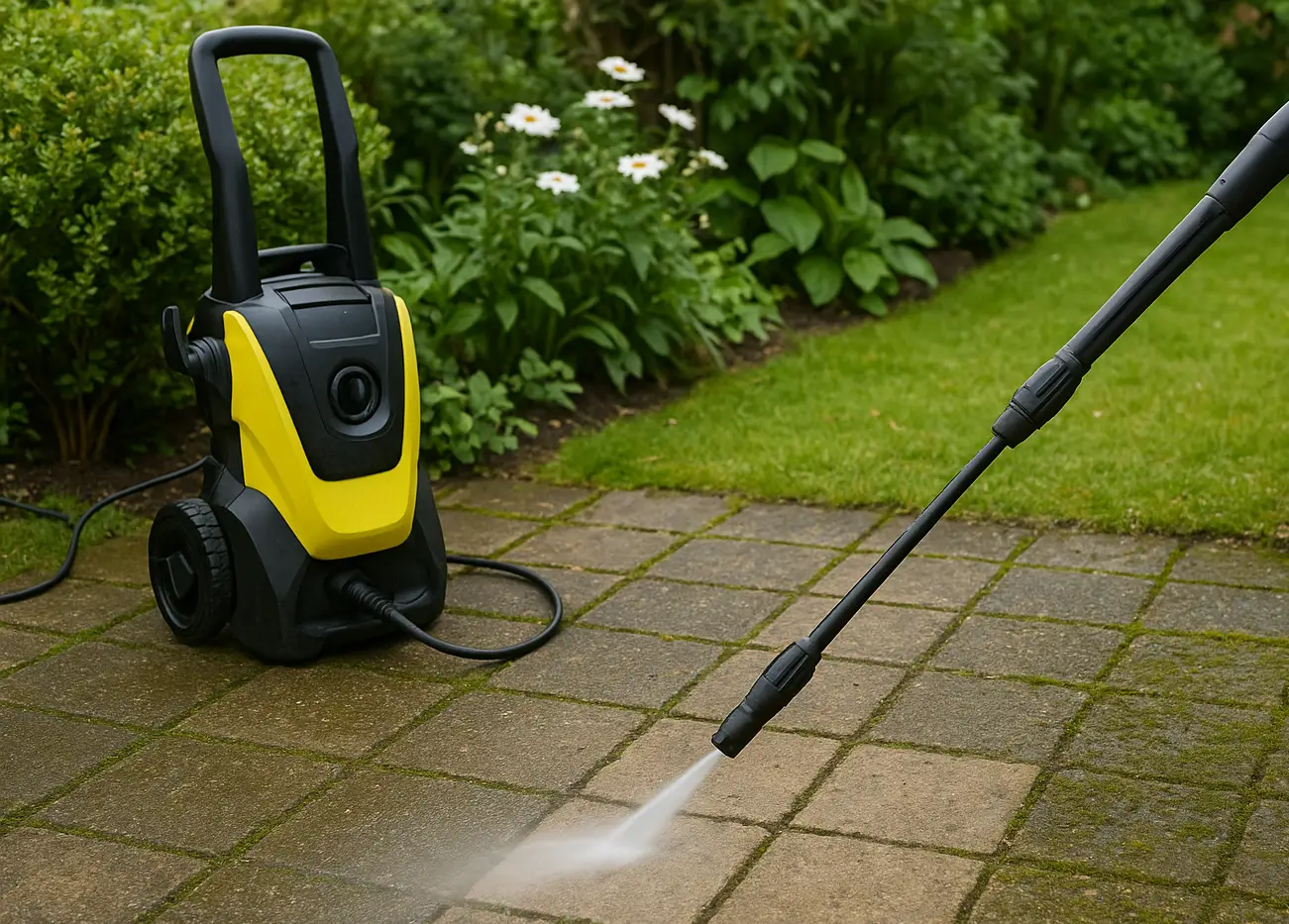 Nettoyeur haute pression sur une terrasse, lance en cours d’utilisation
