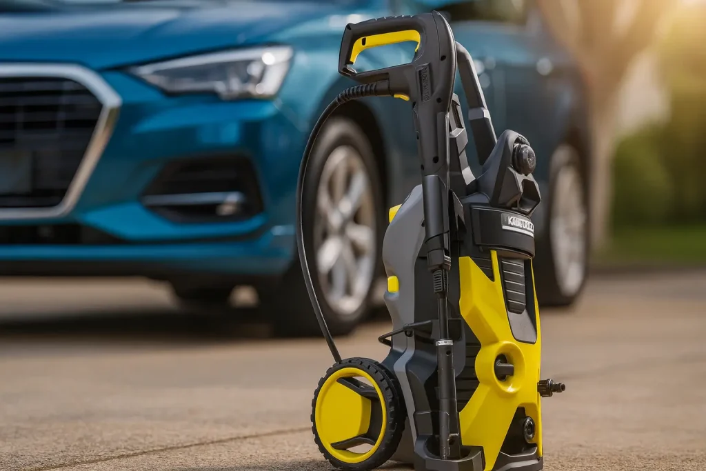 Nettoyeur haute pression Kärcher posé au sol lors d’un nettoyage extérieur