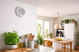 Ventilation mécanique contrôlée (VMC) blanche sur le mur d'une cuisine moderne, avec des plantes, des ustensiles de cuisine et des ingrédients frais sur le comptoi