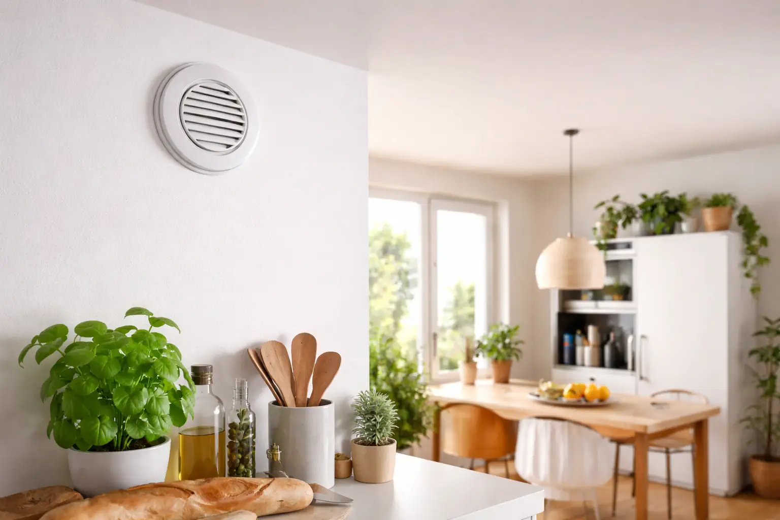Ventilation mécanique contrôlée (VMC) blanche sur le mur d'une cuisine moderne, avec des plantes, des ustensiles de cuisine et des ingrédients frais sur le comptoi