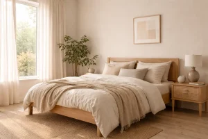 Chambre cocon beige et bois à l’ambiance naturelle et apaisante