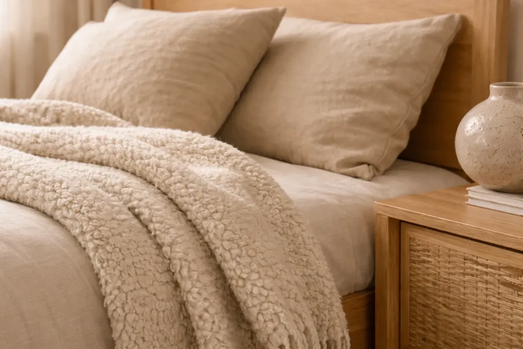 Chambre cocon beige et bois à l’ambiance naturelle et apaisante