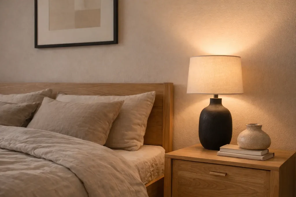 Chambre beige et bois avec contraste discret charbon pour plus de relief