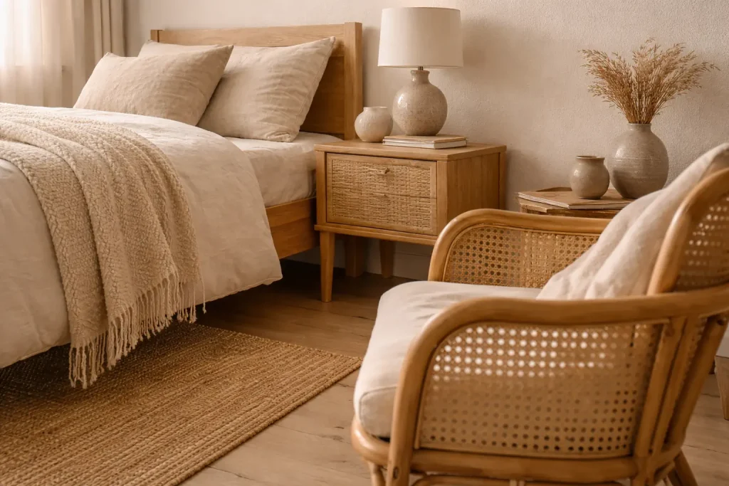 Chambre beige et bois avec rotin et cannage pour une ambiance naturelle