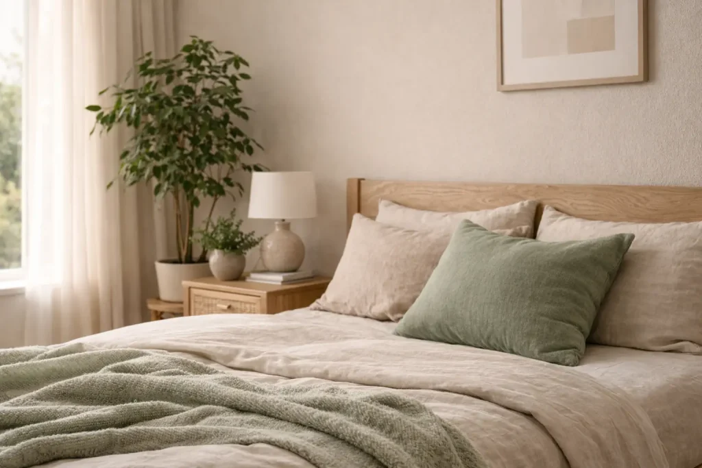 Chambre beige et bois avec touches de vert sauge apaisant