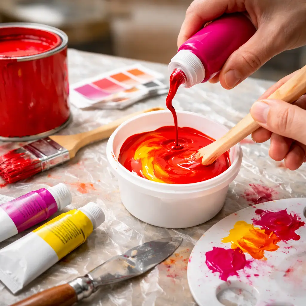 Mains mélangeant du magenta et du jaune dans un petit pot pour obtenir un rouge vif, avec tubes de peinture et nuancier en arrière-plan.