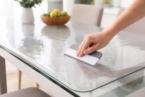 Main lissant une nappe transparente en PVC sur une table en verre avec une raclette souple