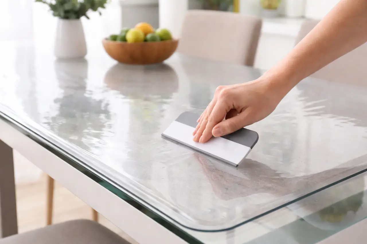 Main lissant une nappe transparente en PVC sur une table en verre avec une raclette souple