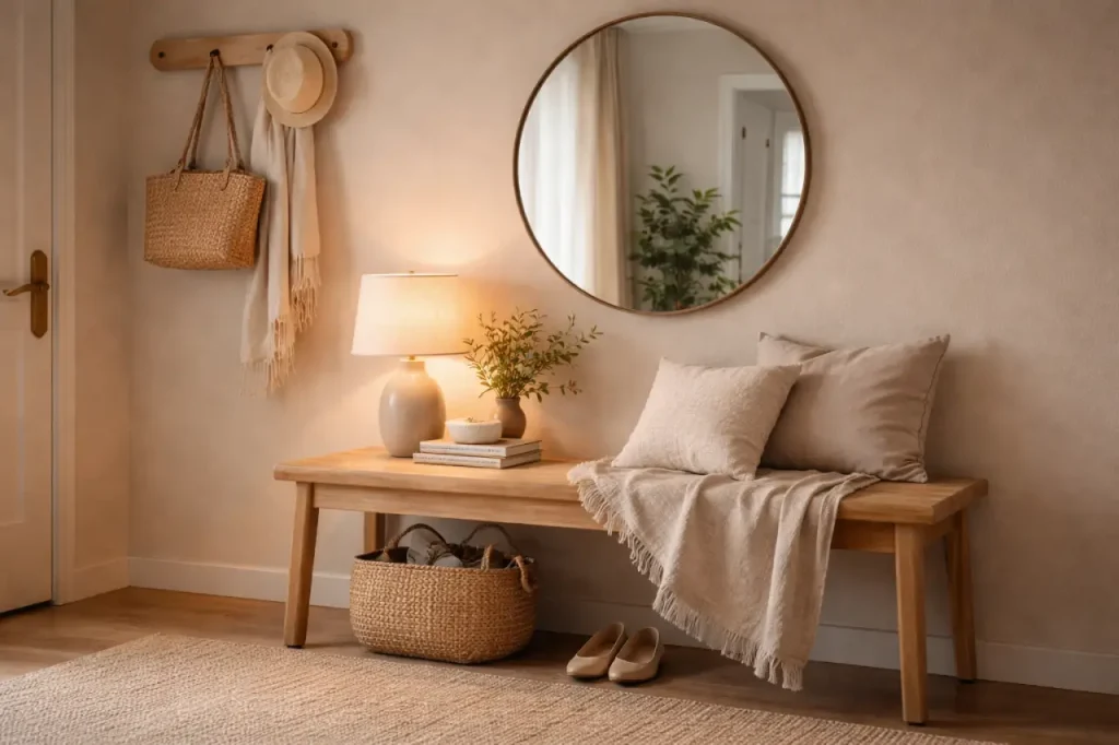 Coin entrée cosy avec lumière chaude et matières naturelles.