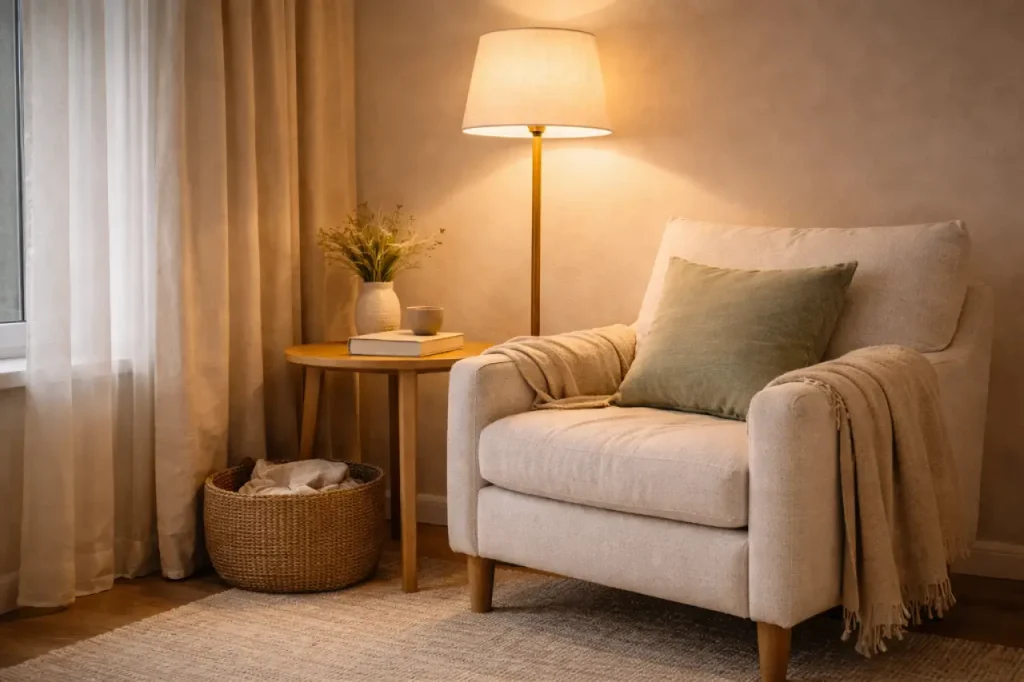 Coin lecture cosy pour une chambre cocon apaisante.