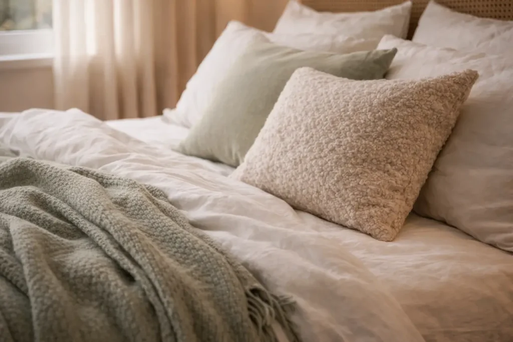 Détail matières et linge de lit doux pour déco chambre cocooning.