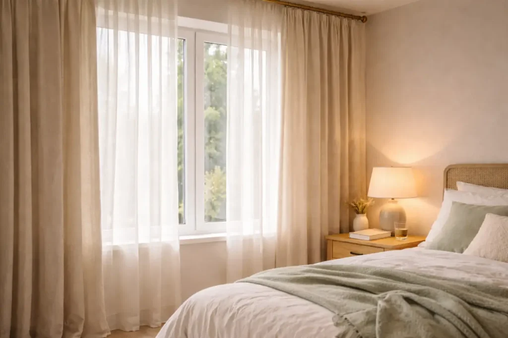 Rideaux et voilage pour une lumière douce dans la chambre.