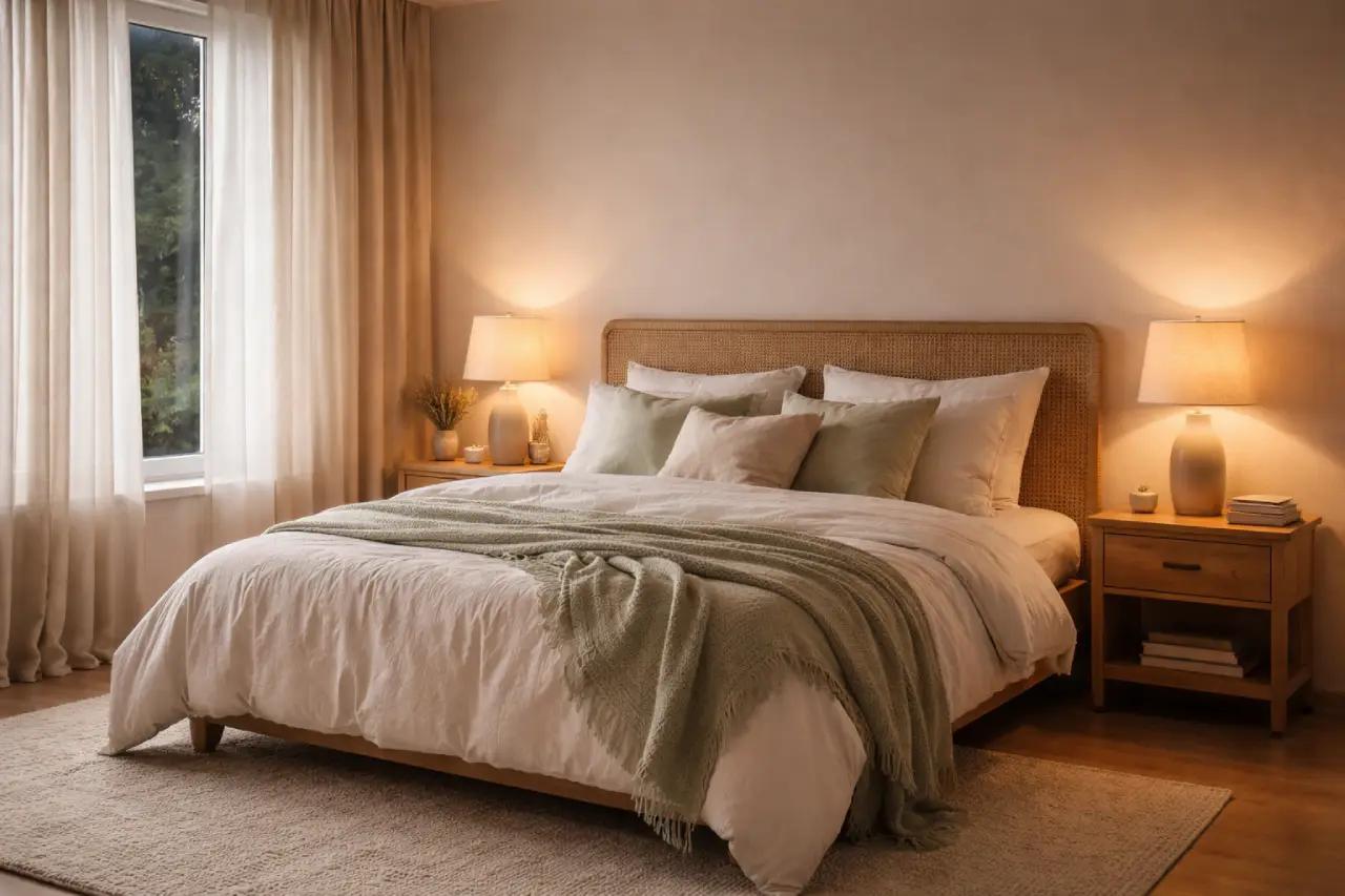 Chambre cocooning apaisante avec lumière douce et matières naturelles.