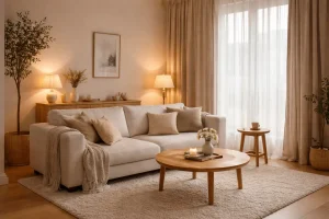 Salon cocooning avec lumière douce, bois clair et rideaux en lin.