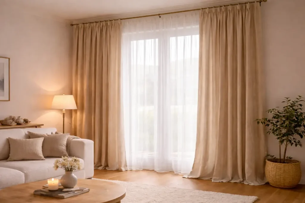 Rideaux longs posés haut pour étirer la pièce et adoucir l’ambiance.