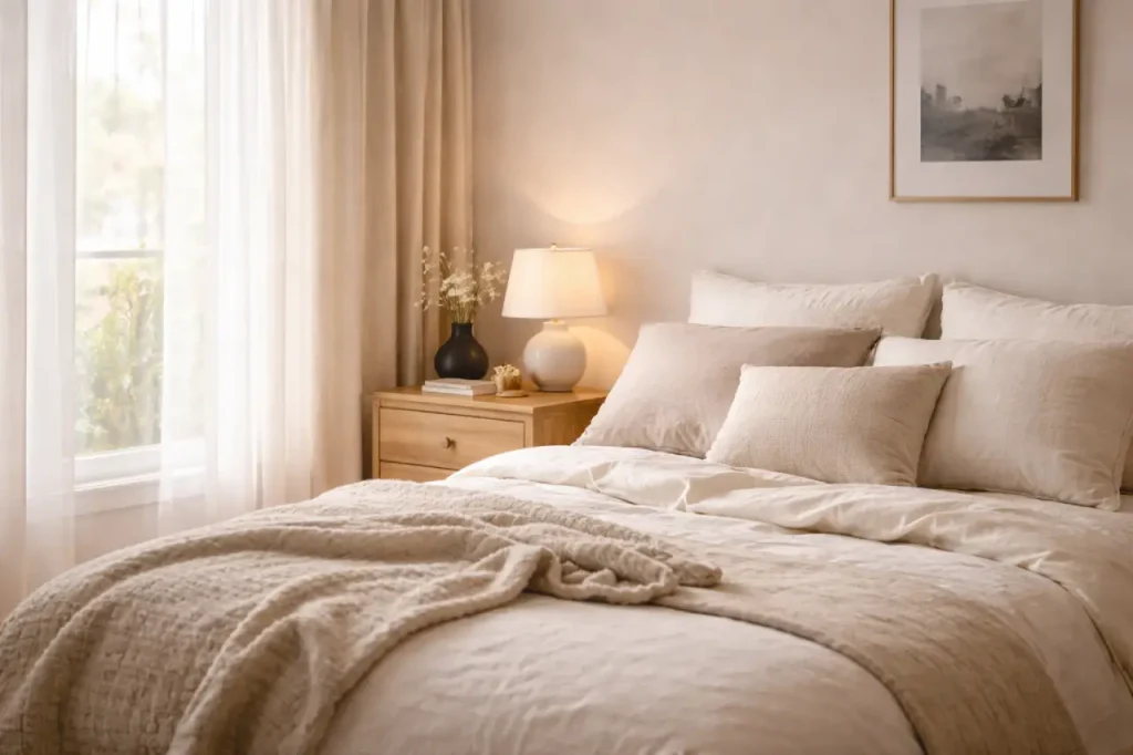 Chambre cocooning avec lumière du matin, textiles doux et bois miel.