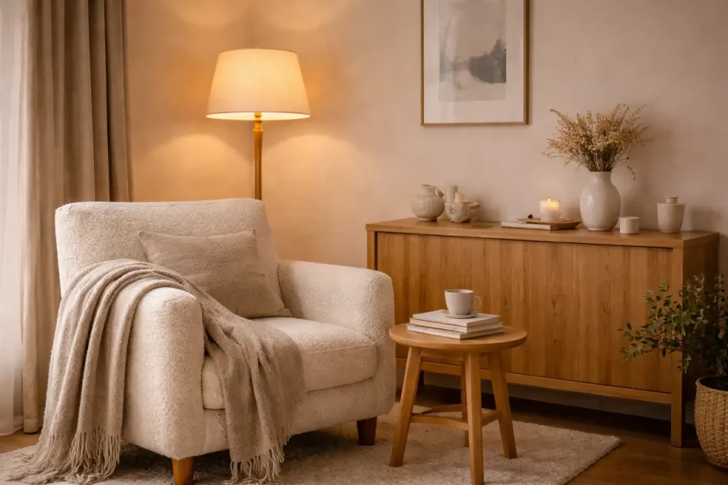 Coin lecture cocooning avec fauteuil, lampe sur pied et plaid.