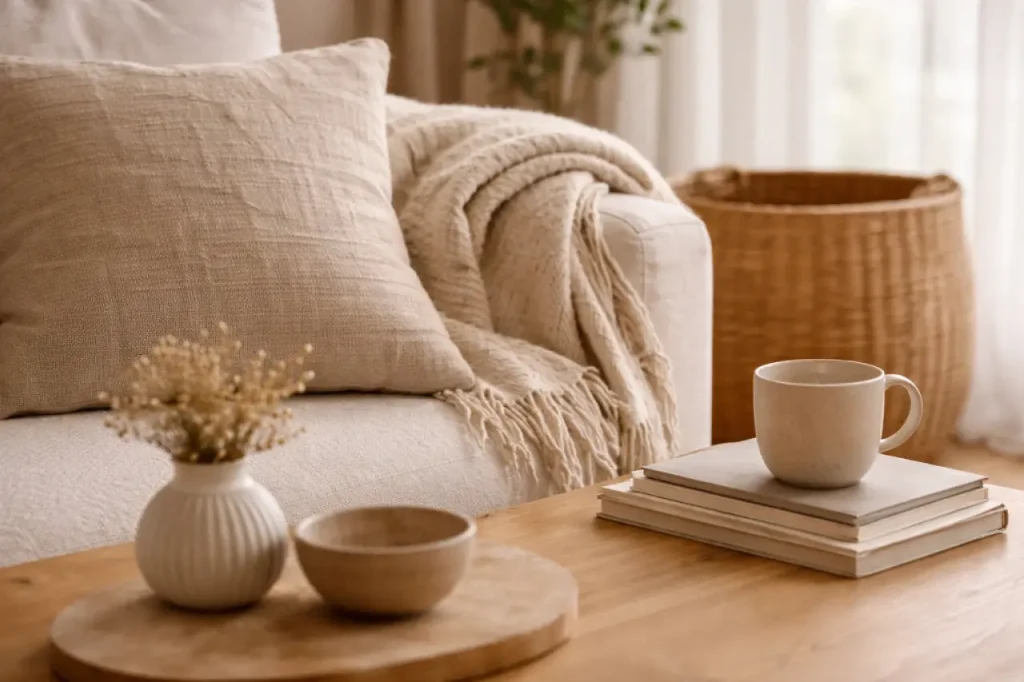 Matières naturelles (lin, laine, bois) pour une déco cocooning.