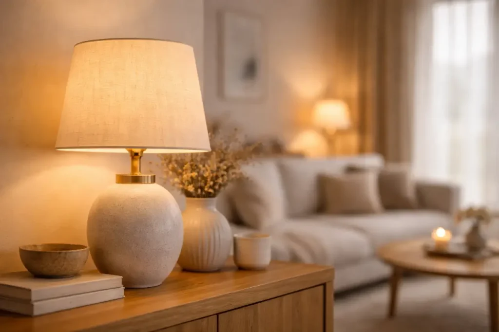 Lampe à poser et lumière chaude pour une ambiance cocooning.