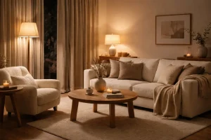 Salon chaleureux en hiver avec lumière douce, tons beige et écru, fauteuil bouclette et bois miel