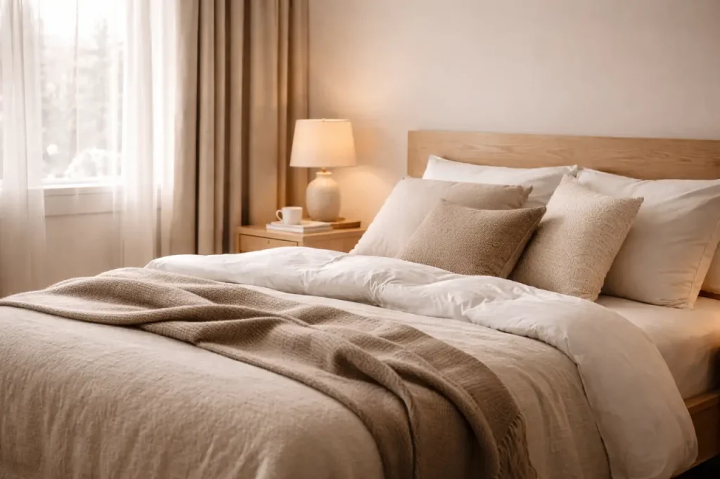 Chambre lumineuse en hiver avec linge de lit écru, plaid taupe, bois clair et lampe de chevet allumée