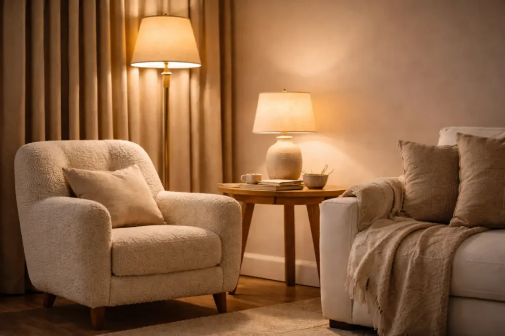 Coin salon en soirée avec fauteuil clair, lampadaire, lampe à poser et rideaux épais beige