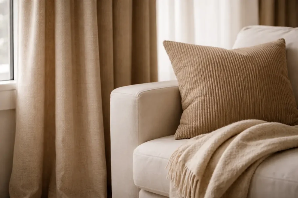 Rideaux beige épais avec coussin en velours côtelé et plaid en laine dans un salon lumineux