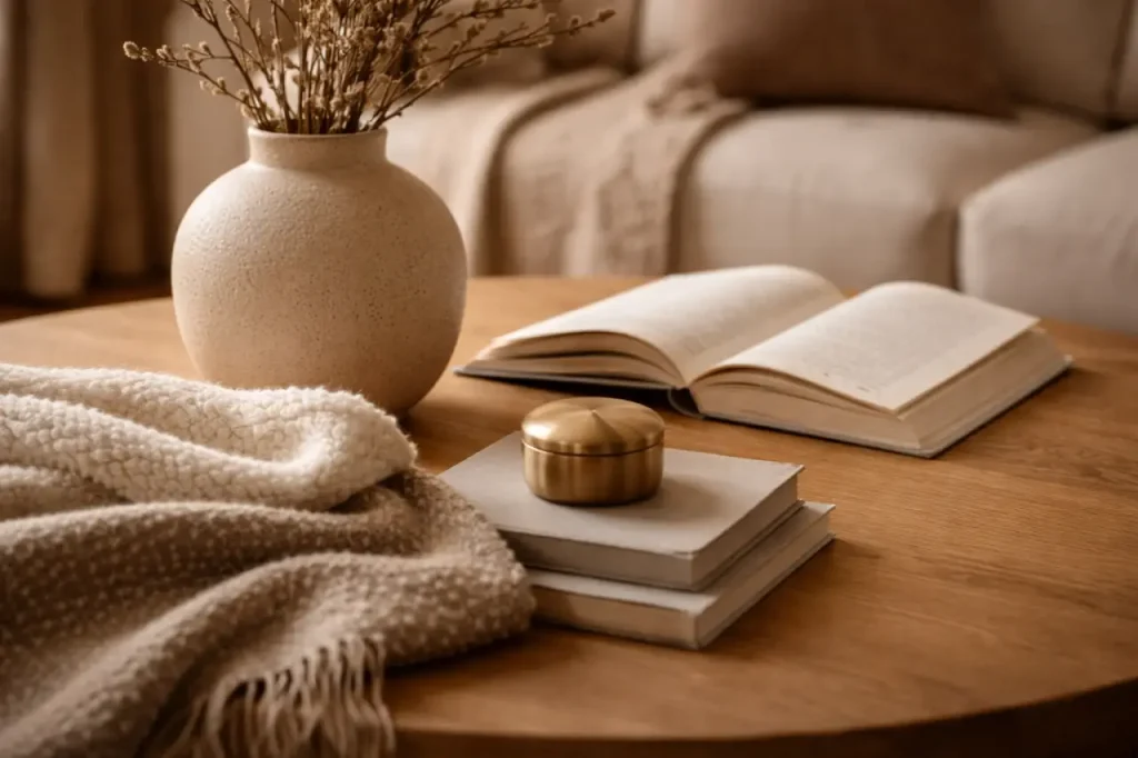 Table basse en bois avec vase en céramique écrue, livre ouvert, maille taupe et détail en laiton