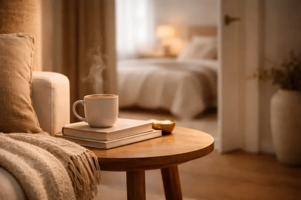Petite table en bois avec tasse chaude, livres et plaid, avec une chambre lumineuse en arrière-plan