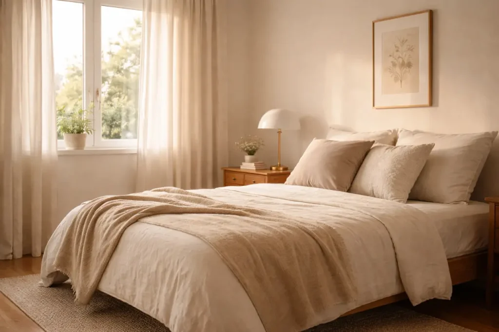 Chambre beige et écrue avec lit moderne, chevet vintage en bois et lampe contemporaine