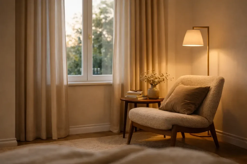 Coin lecture avec fauteuil vintage, rideaux en lin, petite table et lampe moderne allumée