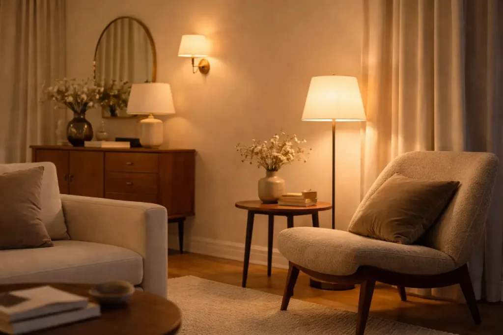 Coin salon avec fauteuil vintage, lampadaire, lampe de table et applique diffusant une lumière chaude