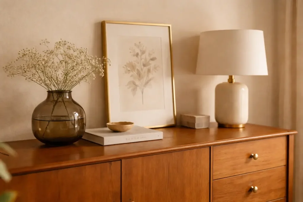 Buffet vintage en bois miel décoré d’un vase fumé, d’un cadre en laiton et d’une lampe moderne