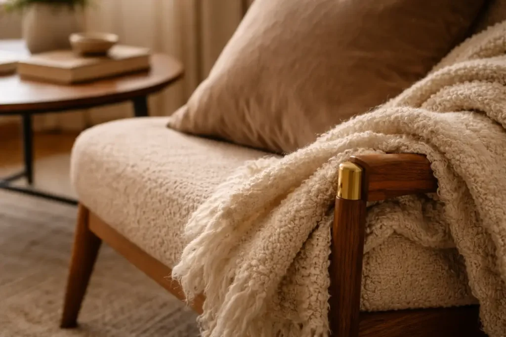 Gros plan sur un fauteuil en bois, un plaid bouclé crème, un coussin en lin et un détail en laiton