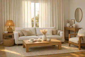 Salon lumineux avec rideaux en lin écru, bois clair et touche de rotin.