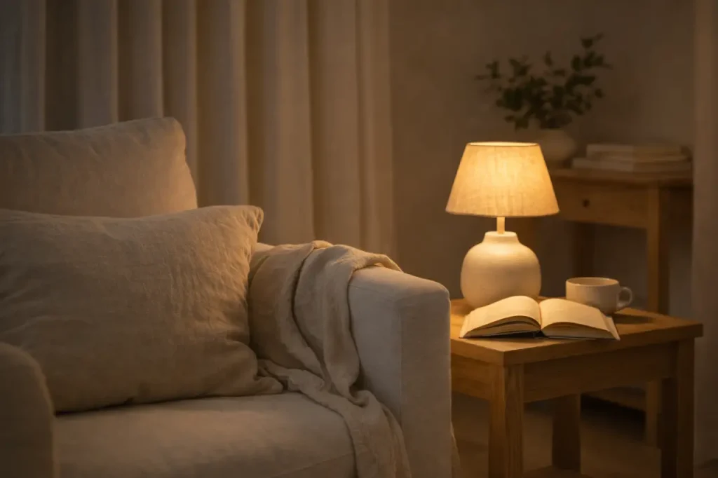 Coin lecture avec lampe basse, fauteuil clair et textile en lin.
