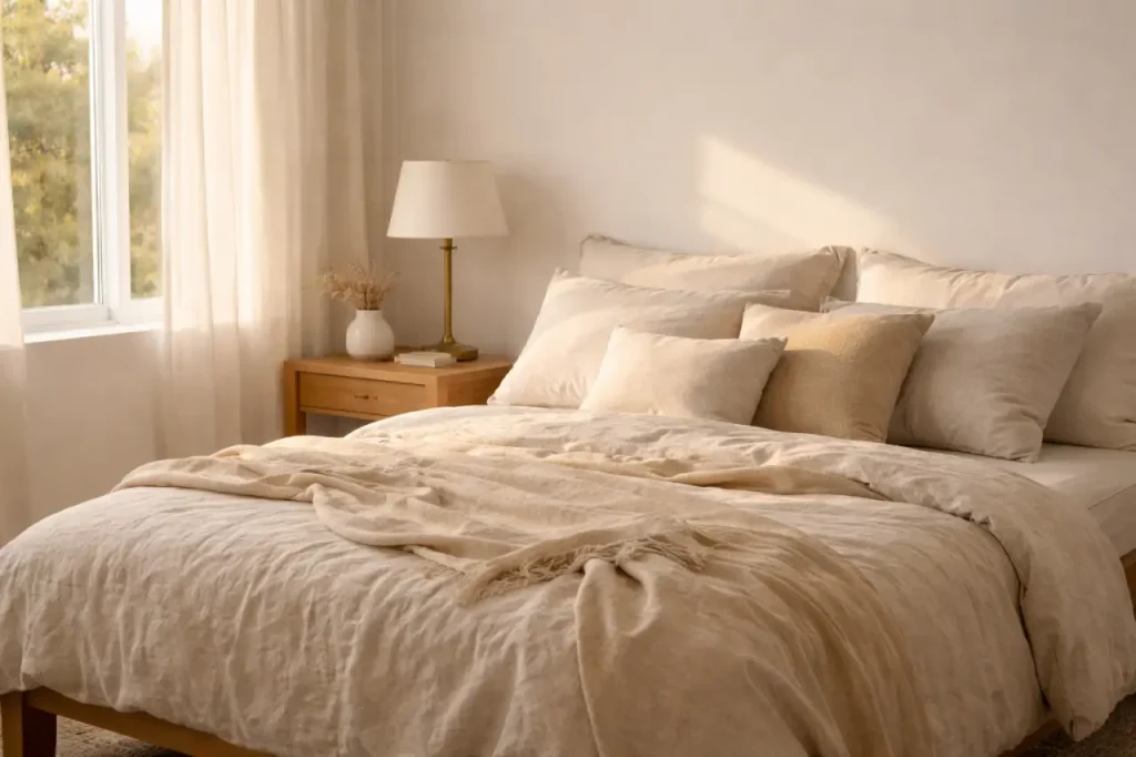 Chambre apaisée avec linge de lit en lin lavé et bois miel.