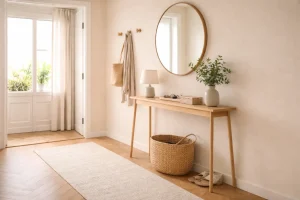 Petite entrée beige avec console fine en bois, miroir rond et tapis écru.