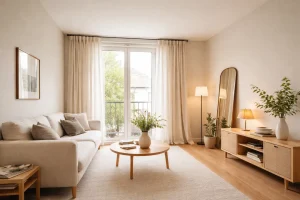 Salon lumineux avec rideaux posés haut pour donner de la hauteur sous plafond 2m40