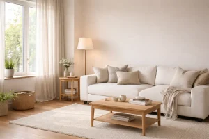 Salon beige et bois clair avec lampadaire et petite table dans un coin aménagé