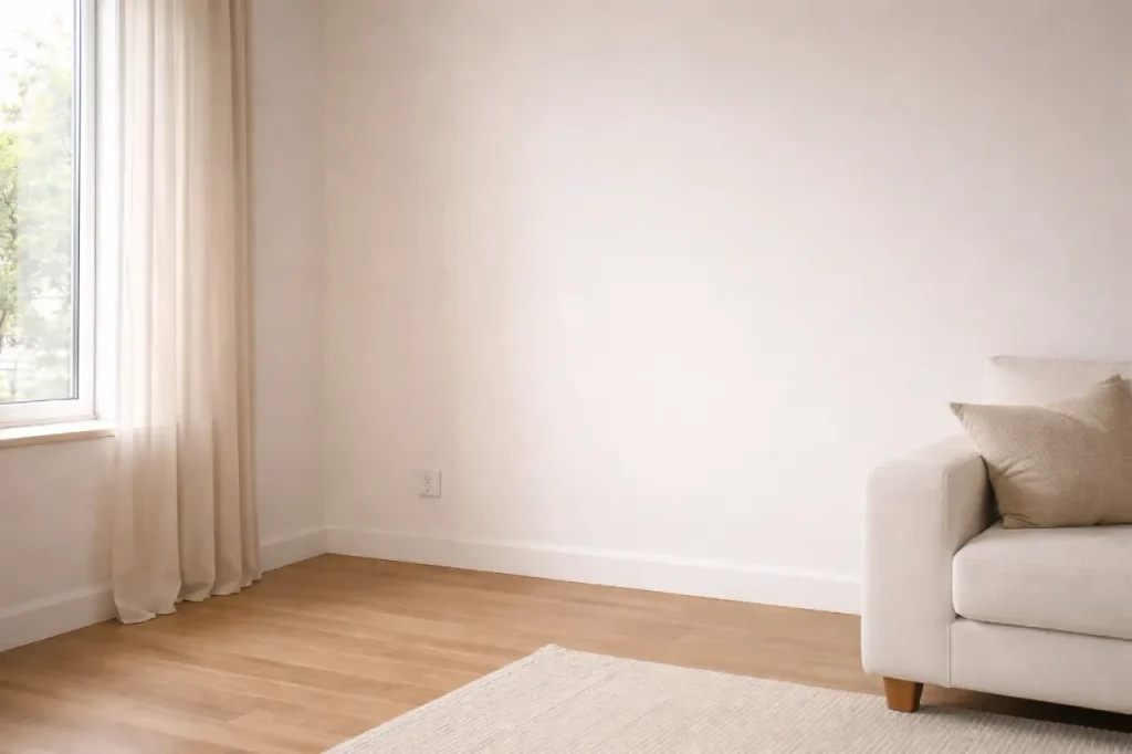 Angle vide d’un salon avec mur clair, parquet et canapé à proximité