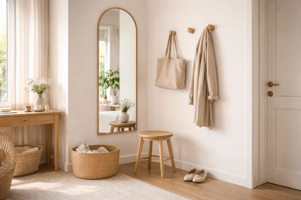 Entrée claire avec miroir vertical, tabouret en bois et panier tressé