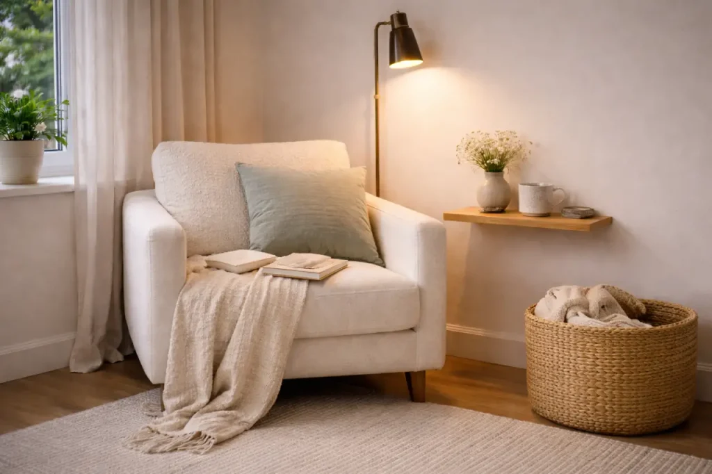 Petit coin lecture avec fauteuil clair, plaid, liseuse et coussin vert sauge