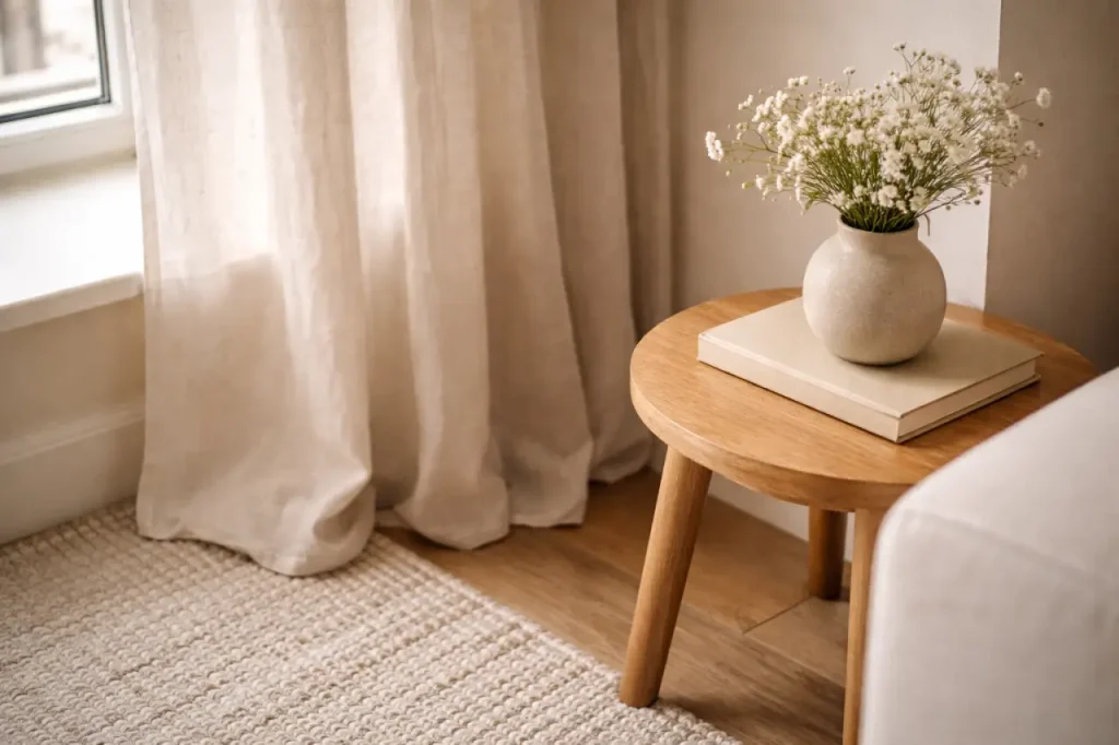 Rideau en lin, tapis texturé, bois clair et vase en grès dans un coin de salon