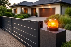 Portail motorisé en cours d’ouverture avec lampe orange clignotante devant une maison moderne