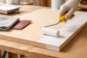 Rouleau appliquant une sous-couche blanche sur une plaque de contreplaqué, avec matériel de ponçage à côté